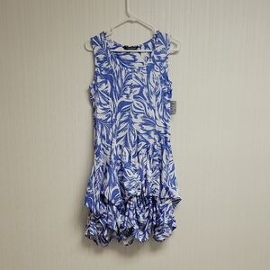 Tango Mango, women's Blue and White Sleeveless Dress With Bustles Sz Small NWT